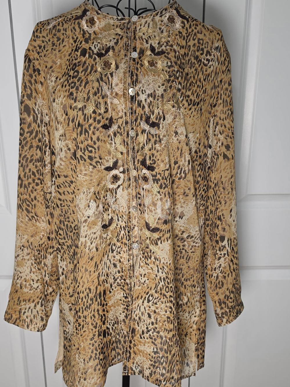 Laura Ashley Silk Leopard Embroidered Tunic Boho Animal Print Medium